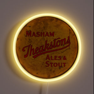 Vibrant neon sign featuring iconic Masham Theakstons brewery logo in triangles.