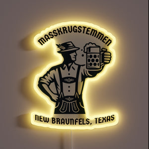 Vibrant Neon Sign Illuminates Masskrugstemmen Beer Garden in New Braunfels.