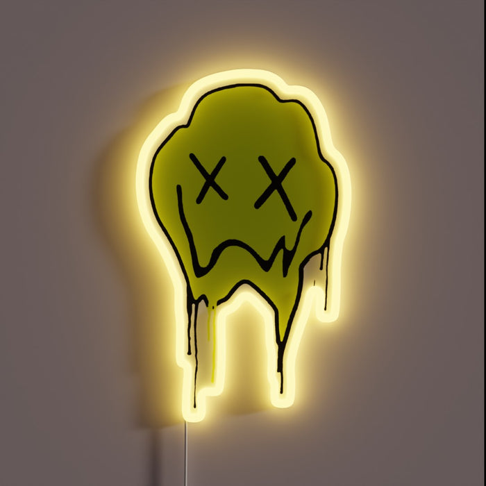 Neon sign of a green melting face with X eyes and a frown.
