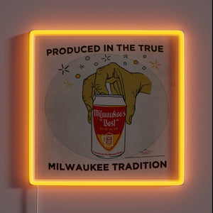 Authentic Milwaukee-themed beer sign with vibrant RGB neon accents