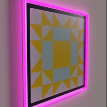 Charger l&#39;image dans la galerie, Vibrant mini barn quilt sawtooth star design in colorful neon glow.
