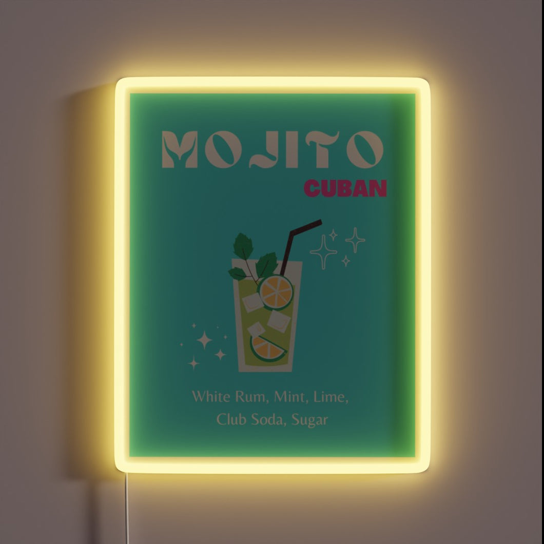 Vibrant Mojito Sign with Neon Colors and Fresh Cocktail Accents