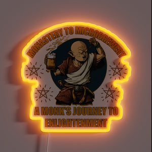 Vibrant neon sign featuring a playful monk in full color