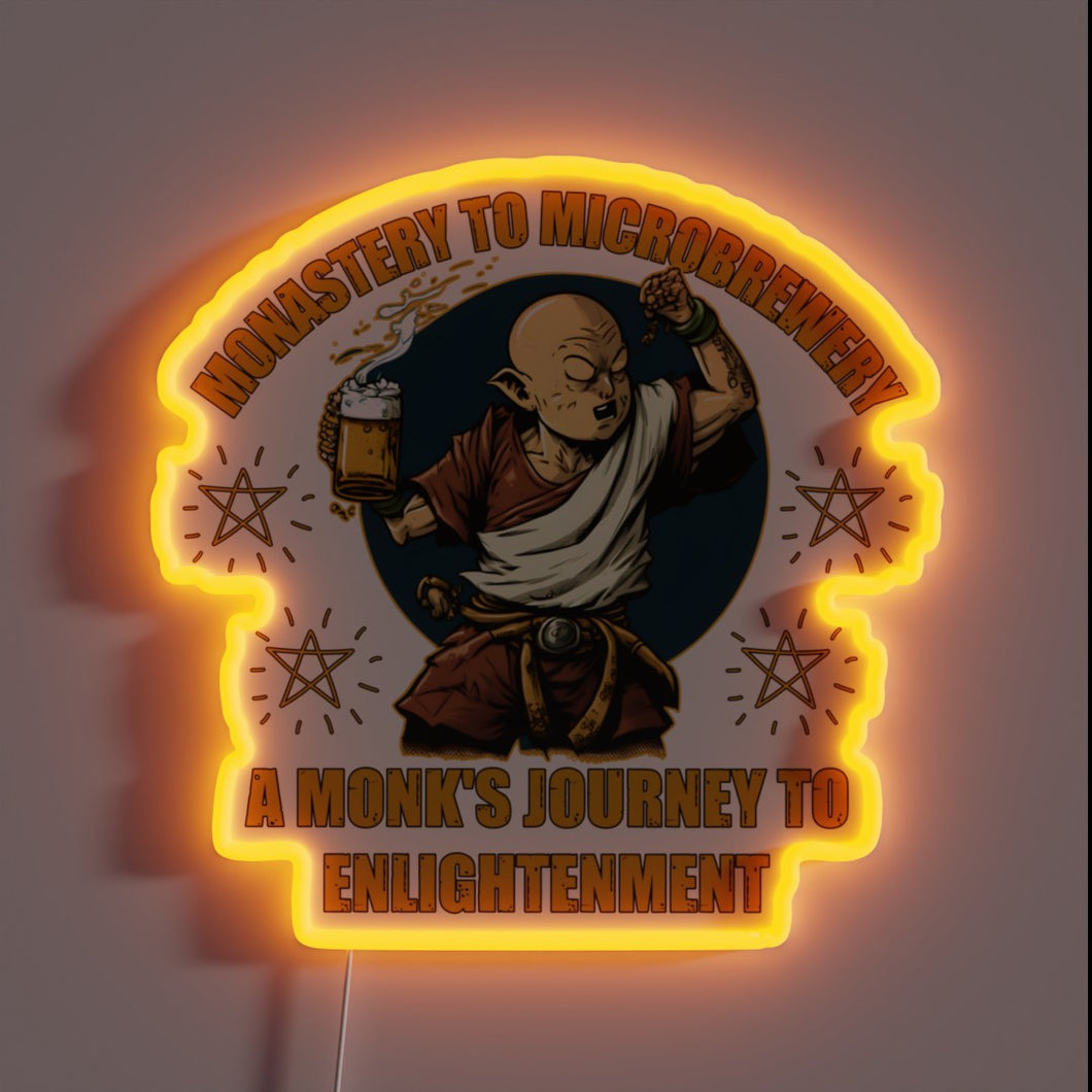 Vibrant neon sign featuring a playful monk in full color