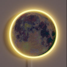 Charger l&#39;image dans la galerie, Circular neon sign featuring a colorful, high-contrast image of the moon with a glowing yellow ring surrounding it.