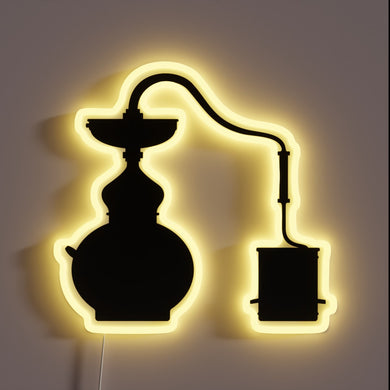 Vintage moonshining equipment illuminated with bold, colorful RGB neon lights