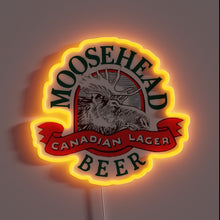 Charger l&#39;image dans la galerie, Moosehead Beer neon sign with moose illustration and glowing orange border.
