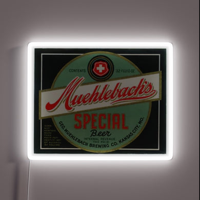 RGB Neon Sign: Muehlebach's Special Beer Logo Illuminated Nighttime Decoration