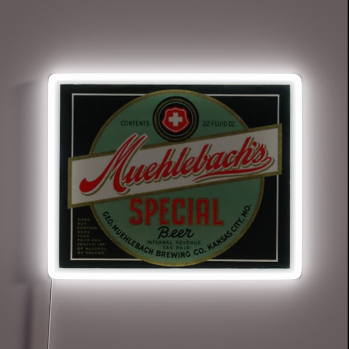 RGB Neon Sign: Muehlebach's Special Beer Logo Illuminated Nighttime Decoration