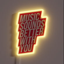 Charger l&#39;image dans la galerie, &quot;Music Sounds Better With You&quot; red neon sign in bold lightning bolt shape.