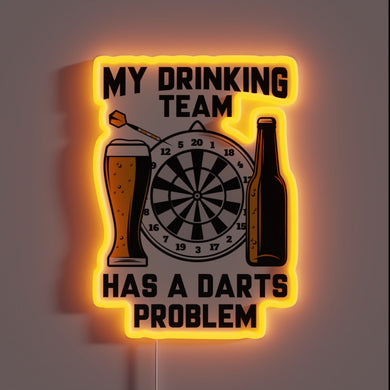 Raucous drinking team's darts addiction humorously highlighted in colorful lighting.