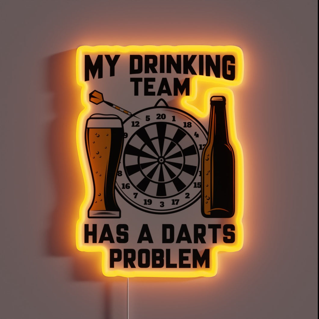 Raucous drinking team's darts addiction humorously highlighted in colorful lighting.