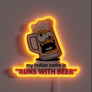 Unique Indian-inspired neon sign featuring name 'Runs with Beer'