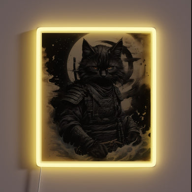 Ethereal warrior feline silhouette in vibrant neon LED glow