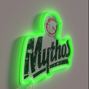 Authentic Greek Mythos Brewery logo in vibrant RGB neon style