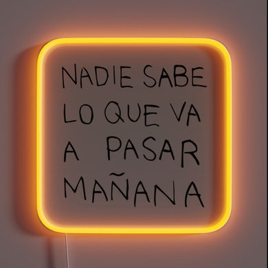 Bright words, bold truth — this neon sign says it all: *“Nadie sabe lo que va a pasar mañana.”* Let the glow speak for itself.
