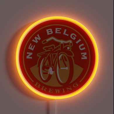 This glowing neon sign features the iconic New Belgium Brewing logo — a red cruiser bicycle set against a warm amber hue — making it a perfect tribute for craft beer lovers and brewery aficionados alike.