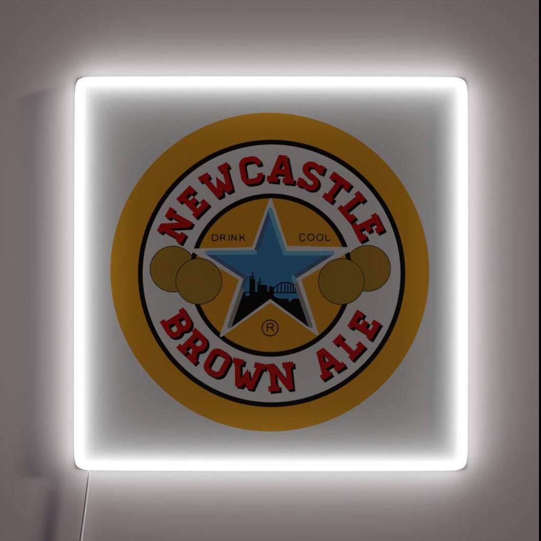 Iconic Newcastle Brown Ale logo in vibrant RGB neon light