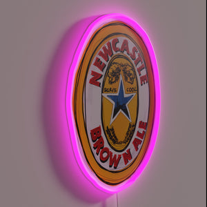 Neon wall art featuring iconic Newcastle Brown Ale logo design.