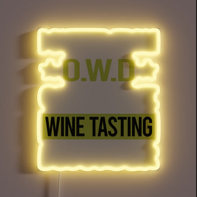Vibrant neon wine tasting sign with obsessive love theme.