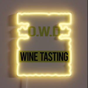 Vibrant neon wine tasting sign with obsessive love theme.