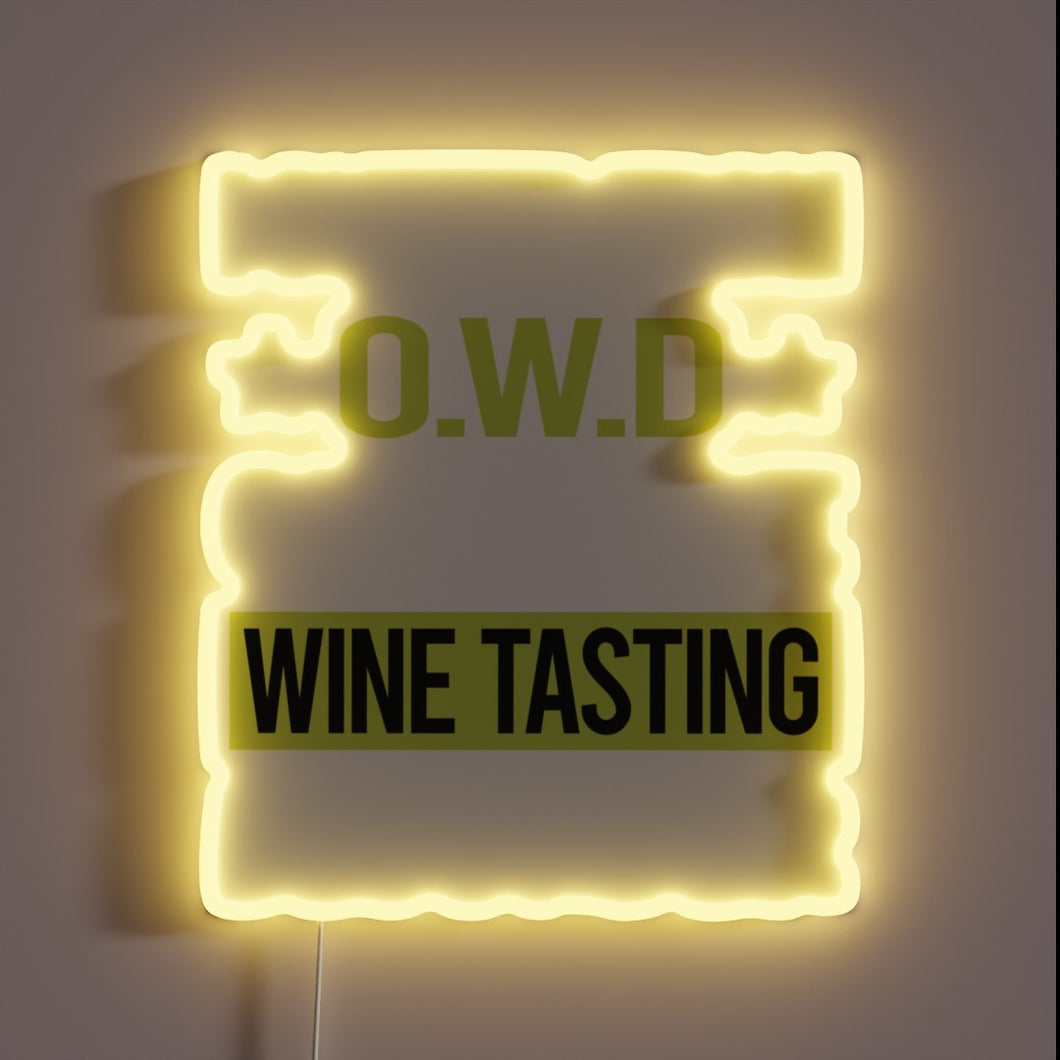 Vibrant neon wine tasting sign with obsessive love theme.