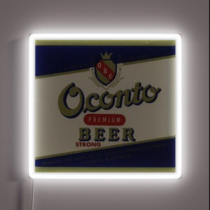 RGB illuminated sign featuring Oconto Premium Beer logo design