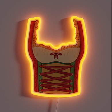 Traditional German-inspired dirndl costume with vibrant neon accents and humor.