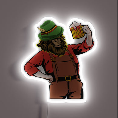 Colorful neon sign celebrating German beer culture and mythical creatures.