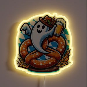 Vibrant RGB neon sign featuring a festive ghost pretzel character.
