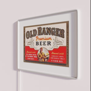 Vintage inspired, colorful illuminated Old Ranger Beer neon bar sign