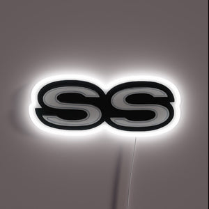 Vintage Chevrolet SS logo illuminated in bright RGB neon lights