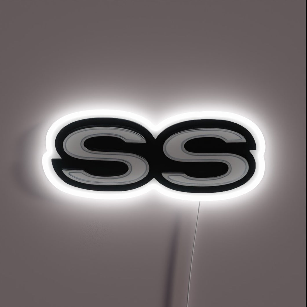 Vintage Chevrolet SS logo illuminated in bright RGB neon lights