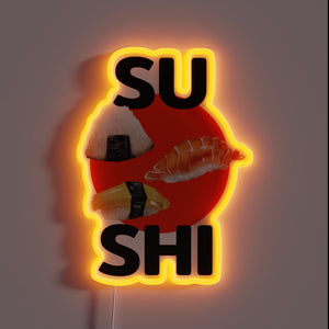 Neon-lit Japanese food stall sign featuring onigiri and salmon sushi.