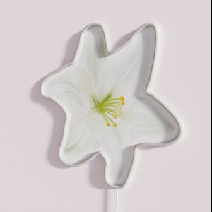 Vintage white lily floral artwork with colorful radiant LED accents.