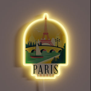 A glowing tribute to Paris — the Eiffel Tower, sailboats, and a romantic skyline wrapped in neon light.