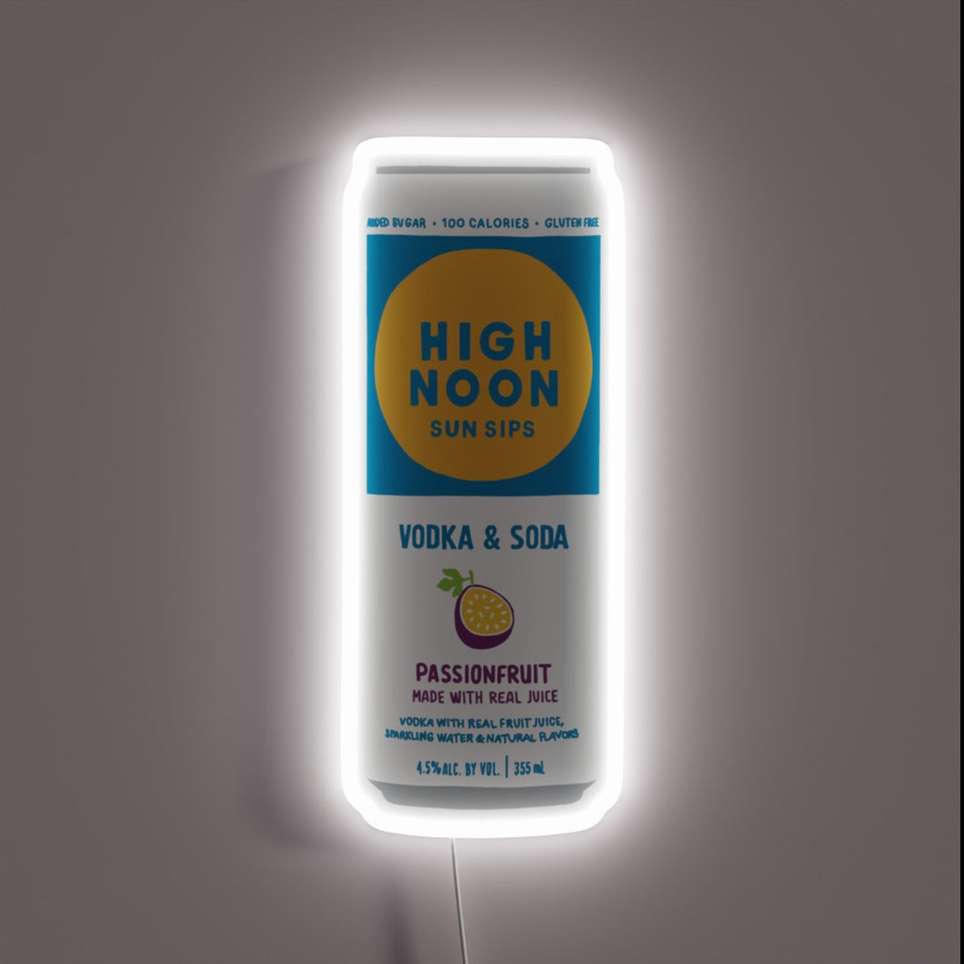 Bright, refreshing, and bold – this neon sign captures the essence of a High Noon Passionfruit can, glowing with crisp white light and perfect for any fan of summer sips and good vibes.