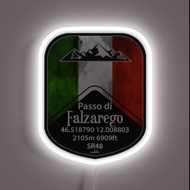 A sleek neon tribute to Italy's **Passo di Falzarego** — complete with altitude, coordinates, and national pride glowing in green, white, and red. A perfect sign for mountain lovers and road adventurers alike.