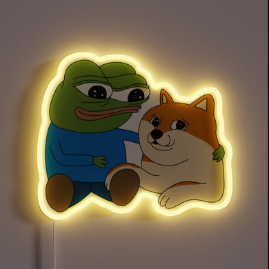 This neon sign featuring **Peepo and Doge** hugging is peak wholesome meme energy — perfect for lighting up your space with internet love and good vibes.