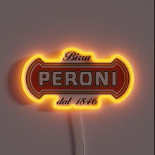 Charger l&#39;image dans la galerie, Illuminated neon sign of the Peroni beer logo with the text &quot;Birra Peroni dal 1846&quot; in red, white, and black.
