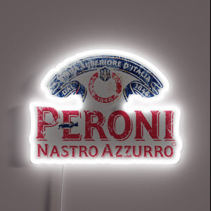**Alt Text:** Peroni Nastro Azzurro neon sign with vintage Italian design.