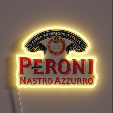 Authentic Italian neon sign advertising Peroni beer brand and passion.