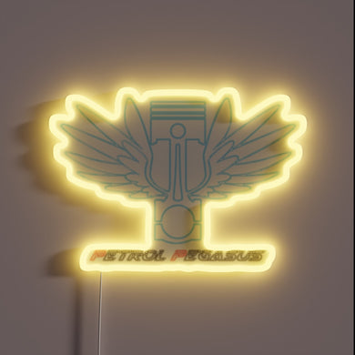 Neon petrol-inspired logo of mythical winged horse in dark hues.