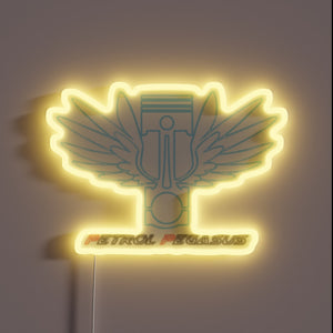 Neon petrol-inspired logo of mythical winged horse in dark hues.