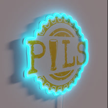Charger l&#39;image dans la galerie, Brilliant yellow neon Pilsner beer sign with colorful bottle cap accents