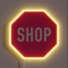 Charger l&#39;image dans la galerie, Vibrant pink neon sign reading &#39;shop&#39; in modern RGB style.