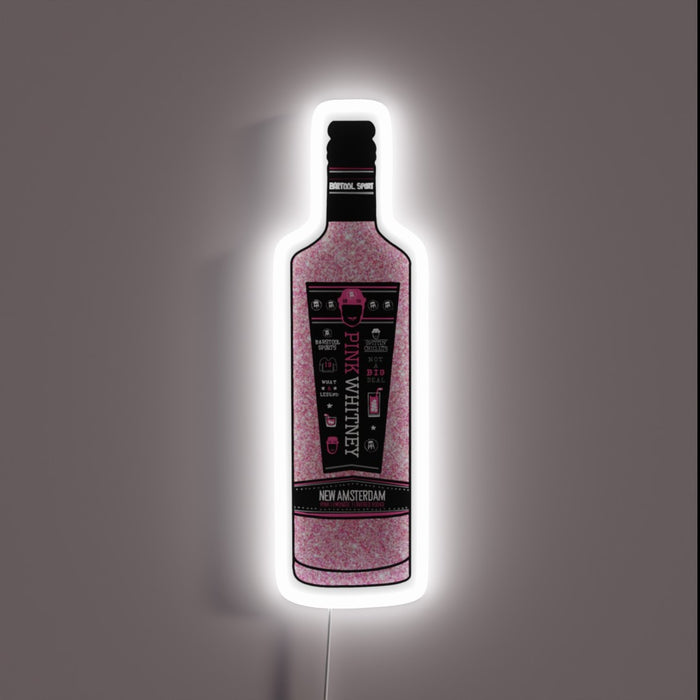 Neon sign shaped like a Pink Whitney glitter edition vodka bottle with a white glow.
