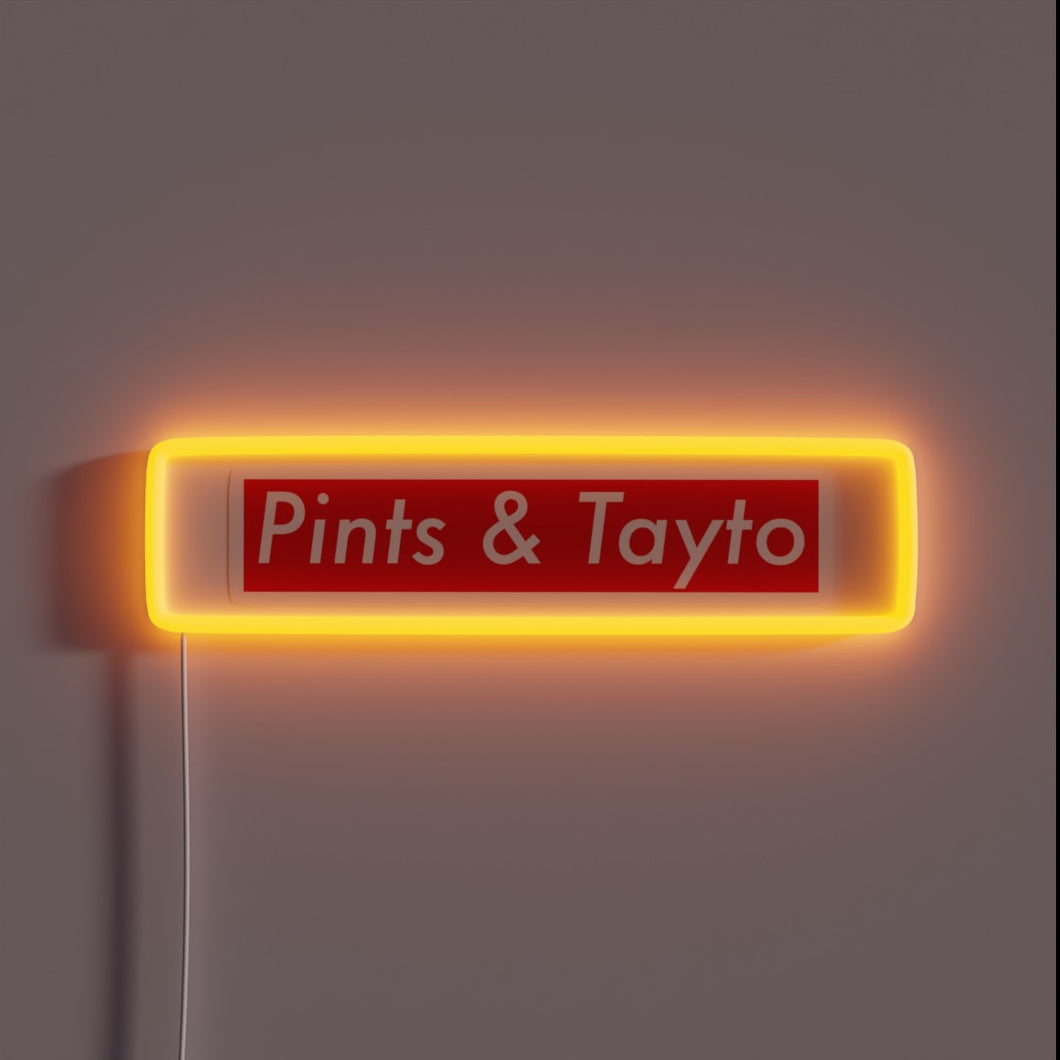 Vibrant pints and tattoo logo illuminated RGB neon bar decoration.