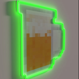 Glowing pixel art beer mug-inspired bar decor in vibrant colors