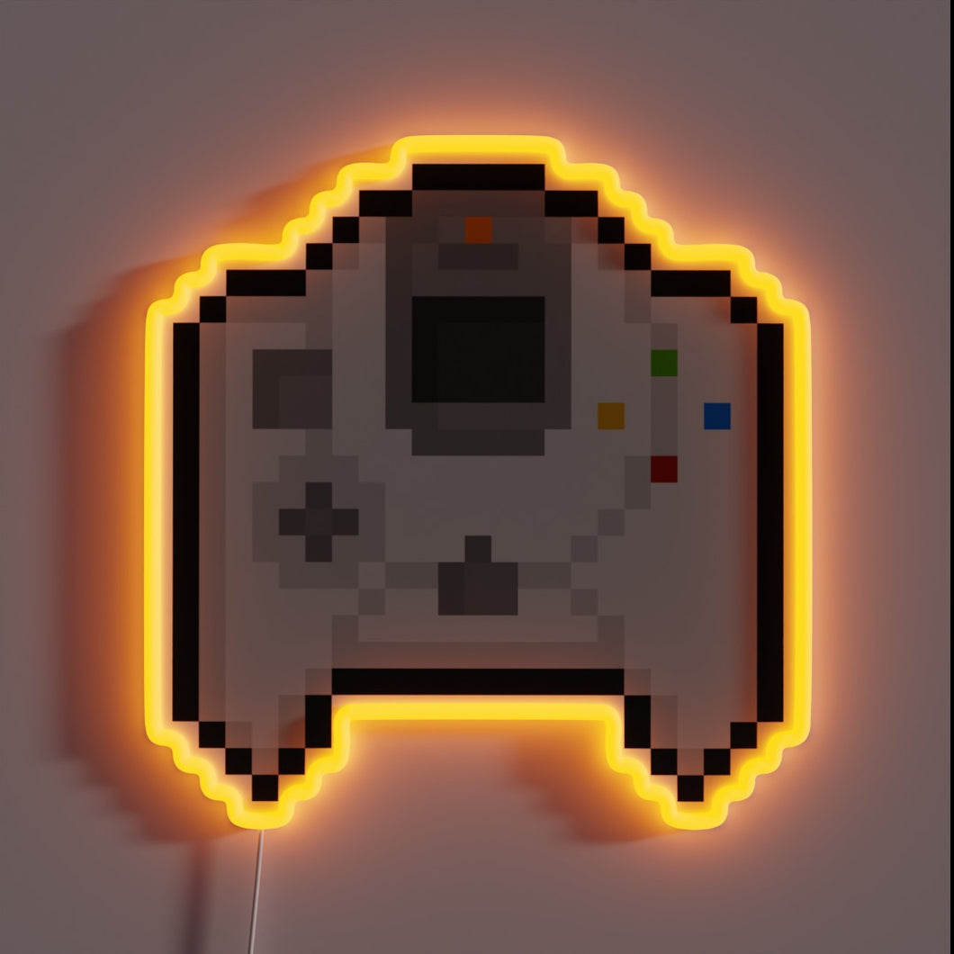 Retro pixel Dreamcast controller neon sign — pure gamer nostalgia.
